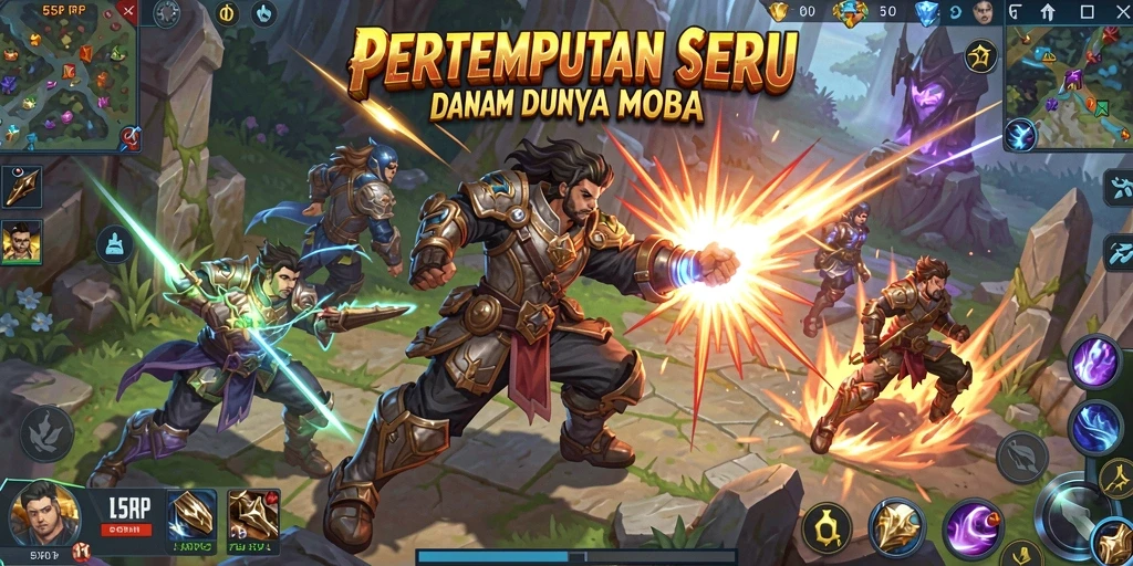 Screenshot permainan 55RP menampilkan aksi seru dalam pertempuran MOBA.