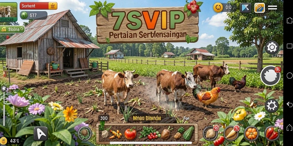 Tampilan gameplay 7SVIP dengan kebun yang rapi dan tanaman berwarna-warni.