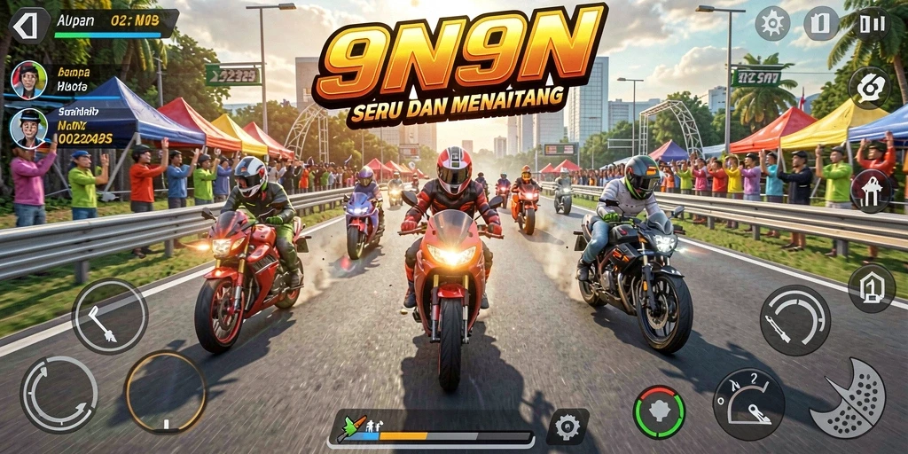 Screenshot gameplay dari 9N9N menampilkan balapan motor yang intens.