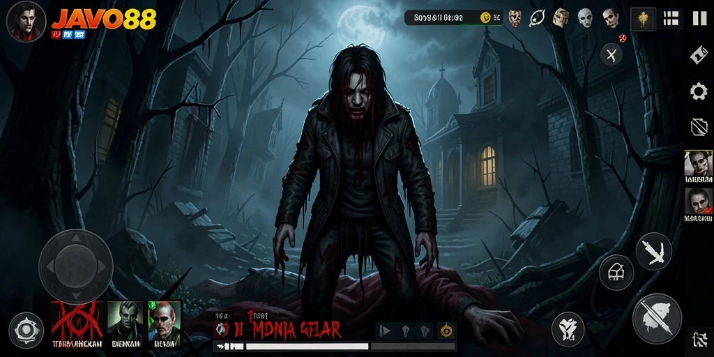 Screenshot gameplay JAVO88 menampilkan suasana horor yang mencekam.