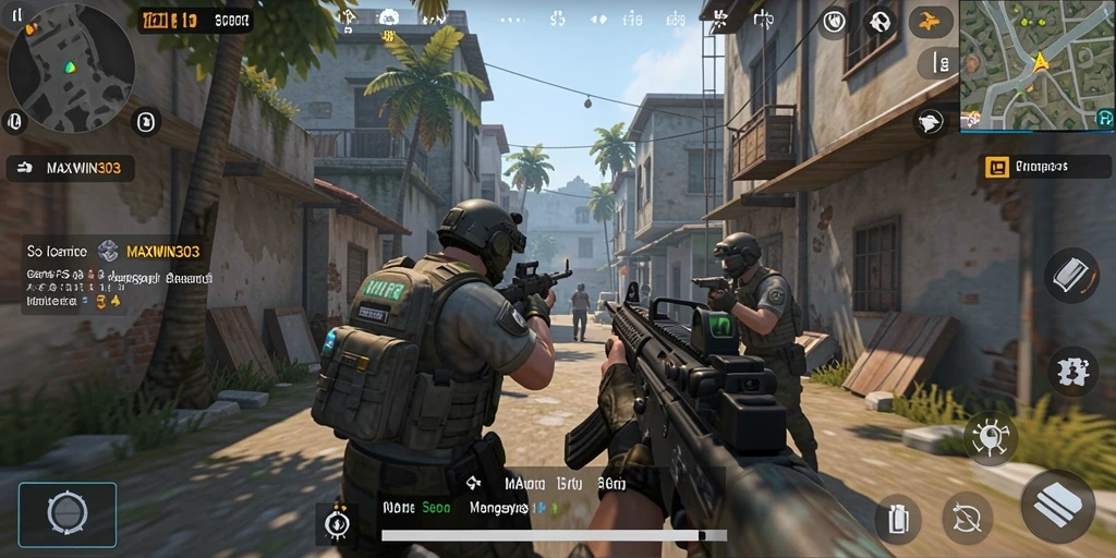 Tampilan gameplay menegangkan dalam MAXWIN303 dengan aksi tembak-menembak yang seru.