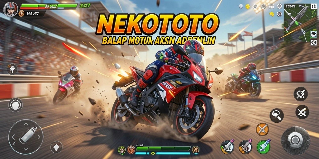 Screenshot gameplay NEKOTOTO menampilkan balapan motor yang seru dan menegangkan.