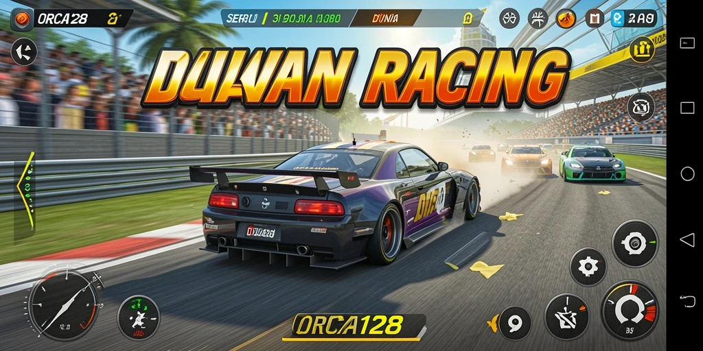 Tampilan gameplay ORCA128 dengan mobil balap yang memukau di trek menantang.