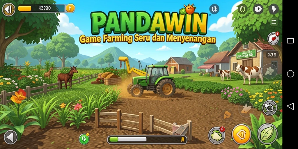 Tampilan gameplay PANDAWIN yang menarik dengan aktivitas bertani.