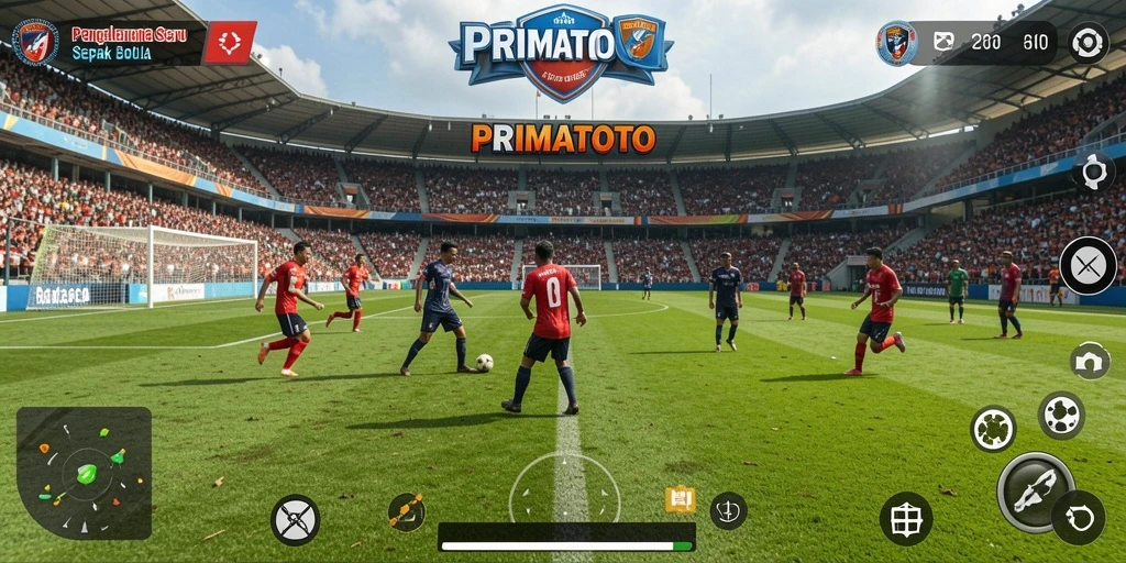 Tampilan gameplay seru PRIMATOTO dalam mengatur strategi sepak bola.