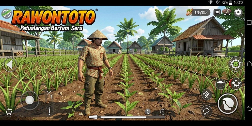 Tangkapan layar gameplay RAWONTOTO yang menunjukkan kebun yang subur dan hewan ternak.