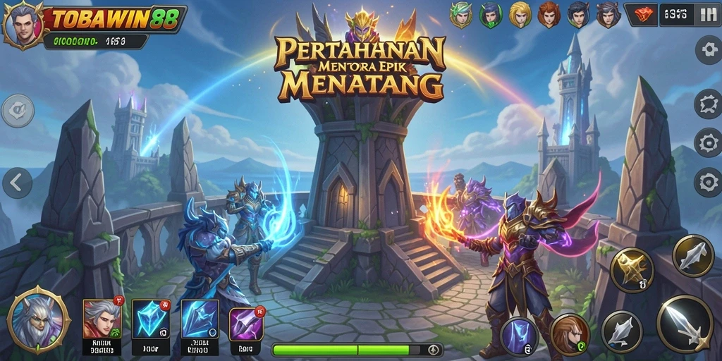 Tampilan seru dari gameplay Tower Defense TOBAWIN88.