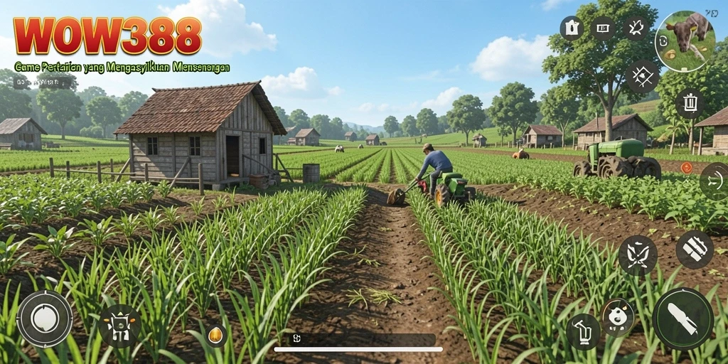 Tampilan gameplay WOW388 dengan pertanian yang indah dan beragam tanaman.